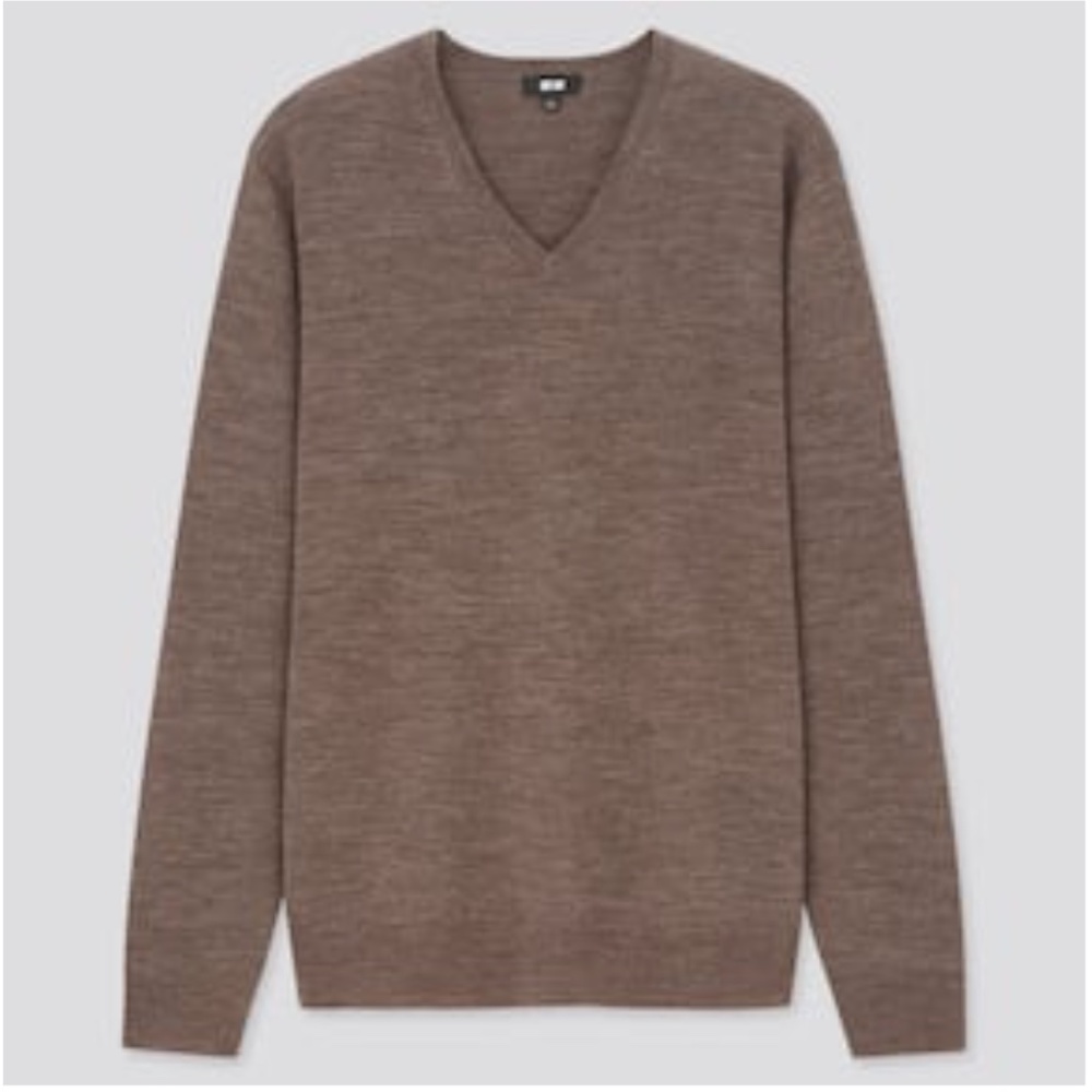 Uniqlo brown 100% extra fine merino wool V-neck long sleeve sweater NWT